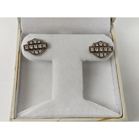 Sterling Silver 925 Harley Davidson Stud Post Earrings Cubic Zirconia - Picture 2 of 16